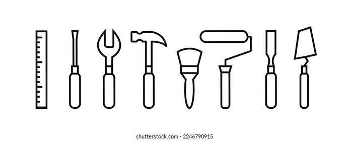 Work tools, icon set. Screwdriver, hammer, wrench, paint brush, painting roller and other tools in line art, isolated on white background.