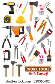 Work tools icons with hammer and spanner, screwdriver, wrench, pliers, saw, measuring tape and axe, paint roller, brush, drill and spatula, nail and screw, trowel. Carpentry and construction design