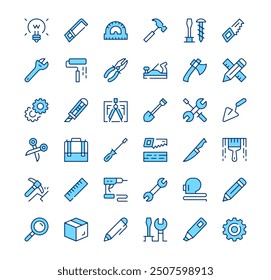 Work tools icons. Outline symbols. Vector blue line icons set