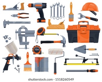 Work Tools Icons, Repair And House Renovation Instruments. Vector Construction And Remodeling DIY Tools, Carpentry Plane, Spanner Wrench, Paint Sprayer And Stucco Spatula, Rulers, Drill And Vise