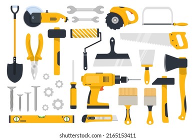 Work tools icons set, construction, carpentry woodwork and masonry instruments. Building and repair power equipment electric drill, rotary hammer and painting brush roll. Vector illustration