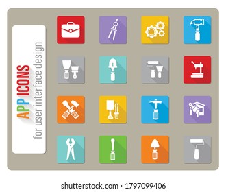 Work tools icons set in flat design with long shadow
