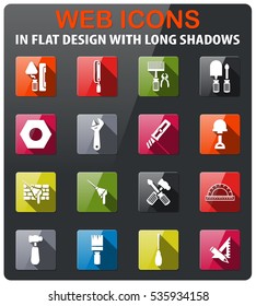 Work tools icons set in flat design with long shadow