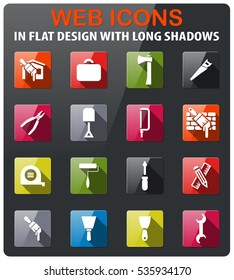 Work tools icons set in flat design with long shadow