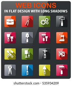 Work tools icons set in flat design with long shadow