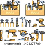 Work tools icons - toolbox, puncher, drill, wrench, plane, saw, pliers and construction tools kit