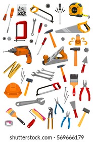 Work tools icons of vector repair, carpentry, building and home fix tape measure ruler, helmet, drill, hammer and saw, spanner, screwdriver, trowel and paint brush roll, plane, mallet, pliers, vise