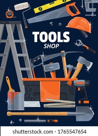 Work tools and instruments, construction, home renovation, repair and remodeling. Woodwork, painting and masonry building tools, hammer, drill and ruler, screwdriver, ladder and painting brush