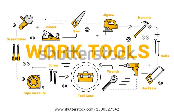 Work\
tools isolated icons. Vector jointer and saw, jigsaw and hammer,\
nails, hacksaw, wrench and tool case, tape measure and screwdriver.\
Carpentry and woodwork instruments, DIY\
toolkit