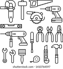 Work tools line icons - puncher, drill, wrench, plane, saw, pliers and construction tools kit