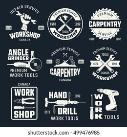 Work tools monochrome emblems with typographic letterings and carpentry instruments on black background isolated vector illustration