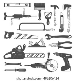 Work tools monochrome set with saw and axe grinder hammer and level wrench screwdriver isolated vector illustration