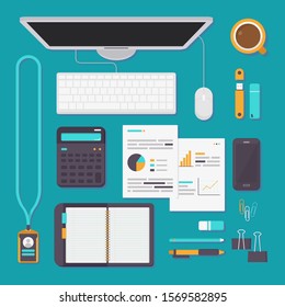 Work tools on the office desk. Computers, notebooks, smartphones / phones, pens, pencils, data analysis, flash drives, calculators made in vector style