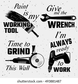 Work tools with quotes set including instruments and typographic sayings on light textured background isolated vector illustration 