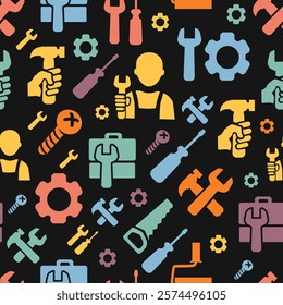 Work tools seamless pattern background of house repair and construction vector design. Classic icons Screwdriver, gear, hammer and spanner, worker, wrench, screws and hard hat pattern