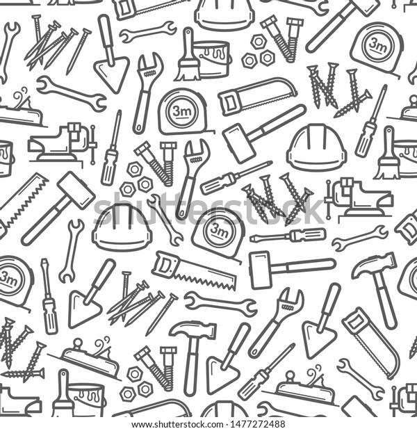 Work tools seamless pattern background of house\
repair and construction vector design. Screwdriver, hammer and\
spanner, paint, brush and trowel, tape measure, wrench, screws and\
hard hat backdrop