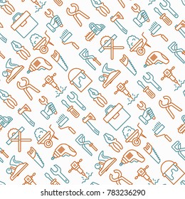 Work tools seamless pattern with thin line icons: puncher, drill, wrench, plane, toolbox, wheelbarrow, saw, pliers, sawing machine. Modern vector illustration of building equipment for background.