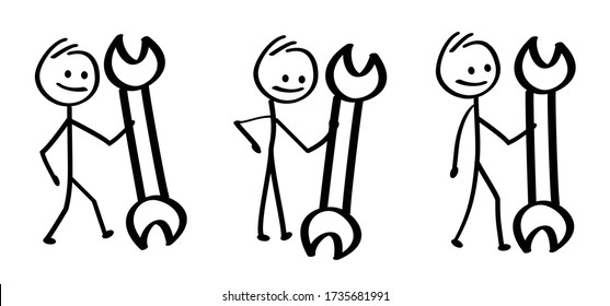 Work tools service Happy smile stickman emoji icons Funny comic walk stick figures man, woman Vector emotions sign drawing cartoon maintenance person Worker, under construction warning sign 404 upkeep