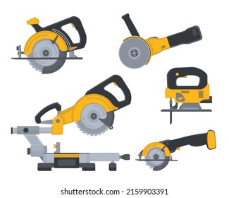 Work tools set. Flat vector icons of building and repair power tools electric circular saw, mini circular saw, jig saw, angle grinder and miter saw. Construction, carpentry woodwork building equipment