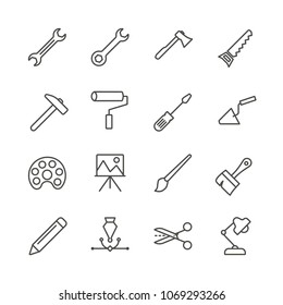 Work tools set icon vector. Outline handmade tools collection. Trendy flat instrument sign design. Thin linear graphic pictogram isolated for web site, mobile application. Logo illustration. Eps10.