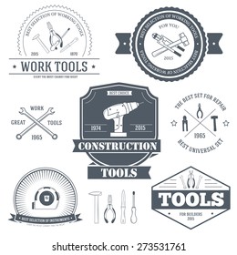 work tools set label template of emblem element for your product or design, web and mobile applications with text. Vector illustration with thin lines isolated icons on stamp symbol. 