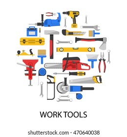 Work tools set in round shape with saws drills wrenches vice axe pliers grinder isolated vector illustration