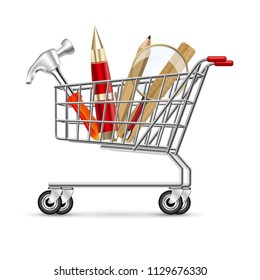 Work tools in the shopping cart, isolated on white background.	