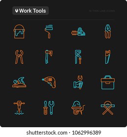 Work tools thin line icons set: puncher, drill, wrench, plane, toolbox, wheelbarrow, saw, pliers, sawing machine. Modern vector illustration for black theme.