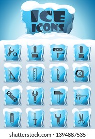 work tools vector icons frozen in transparent blocks of ice