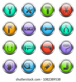 work tools vector icons on color glass buttons