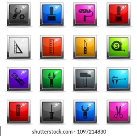 work tools vector icons in square colored buttons for web and user interface design