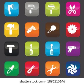 Work tools vector icons for user interface design. Colored buttons on a dark background