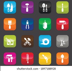 Work tools vector icons for user interface design. Colored buttons on a dark background