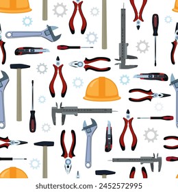 Work tools vector seamless pattern. Hammer, hard hat, pliers, wrench, screwdrivers, cutter knife and vernier caliper. Electrician, repairman, construction worker hand tools wallpaper, background.