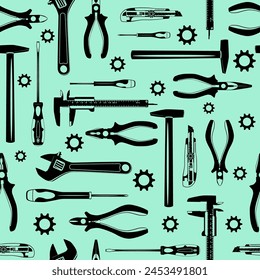 Work tools vector seamless pattern. Hammer, pliers, wrench, screwdrivers, cutter knife and vernier caliper black silhouettes wallpaper, background.