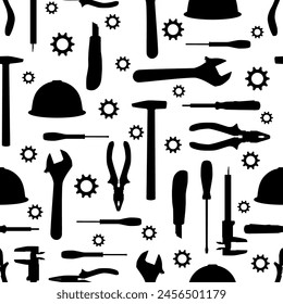 Work tools vector seamless pattern. Electrician, construction worker, repairman hand tools silhouettes wallpaper, background.