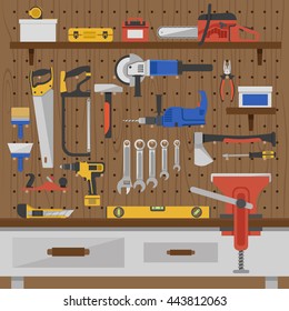 Work tools wall composition with colored tools for repair on wooden wall vector illustration
