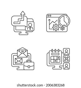 Work Trackers Linear Icons Set. Time Management Strategy. Employee Absence Marked On Calendar. Customizable Thin Line Contour Symbols. Isolated Vector Outline Illustrations. Editable Stroke