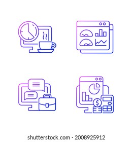 Work tracking gradient linear vector icons set. Coffee, lunch break for employee. Work monitoring tools. Thin line contour symbols bundle. Isolated vector outline illustrations collection