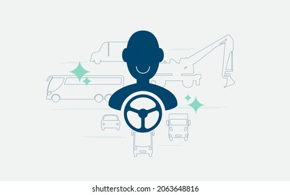 Work In Transport As A Truck Driver, Web Design Element. Silhouette Of Man With Steering Wheel, Construction Machinery And Transport Facilities. Vector Illustration, EPS 10