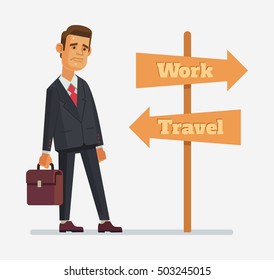Work or travel banner. Office worker character can not make difficult choice. Vector flat cartoon illustration