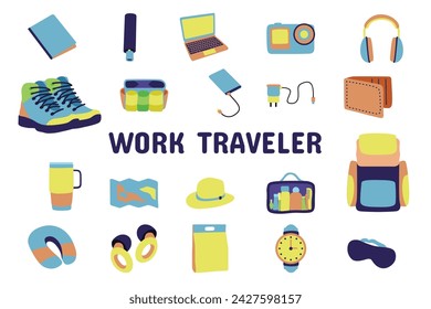 Work Traveler Flat Vector Illustration Icon Sticker Set Design Materials