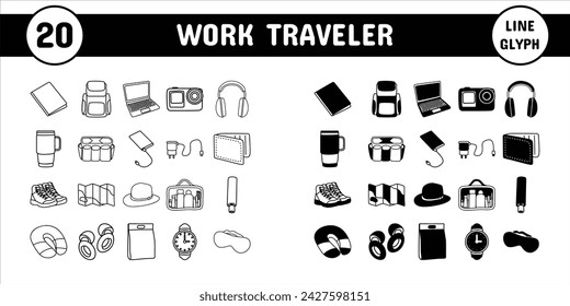 Work Traveler Line Glyph Vector Illustration Icon Sticker Set Design Materials