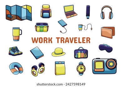 Work Traveler Lineal Color Vector Illustration Icon Sticker Set Design Materials
