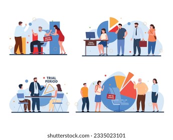 Work trial probation period career vacancy opportunity search candidate hiring agency set vector flat illustration. Headhunting recruiting employee with testing job process optimization at office