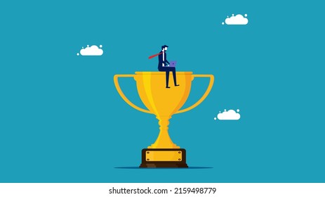 Work trophy concept. Businessman working on trophies. business concept vector