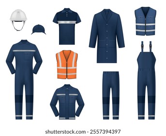 Work uniform industrial workwear professional clothes suit set realistic vector illustration. Jacket pant helmet t shirt hat for courier construction worker builder employee clothing costume