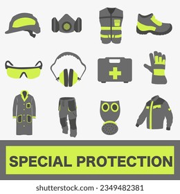 Work uniform. Professional protective clothing, boots and safety helmet. Various items of special protective clothing. EPS 10.