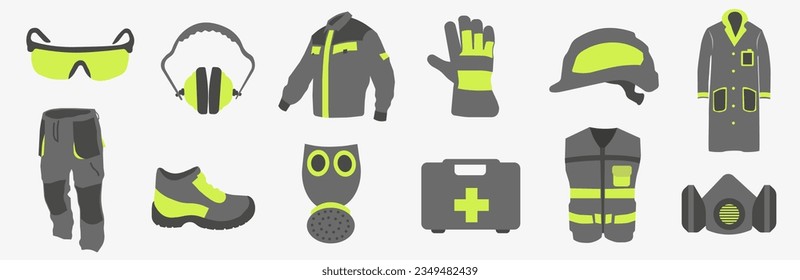 Uniforme de trabajo. Ropa protectora profesional, botas y casco de seguridad. Varios artículos de ropa especial de protección. EPS 10.