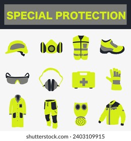 Work uniform. Professional protective clothing, boots and safety helmet. Various items of special protective clothing. EPS 10.